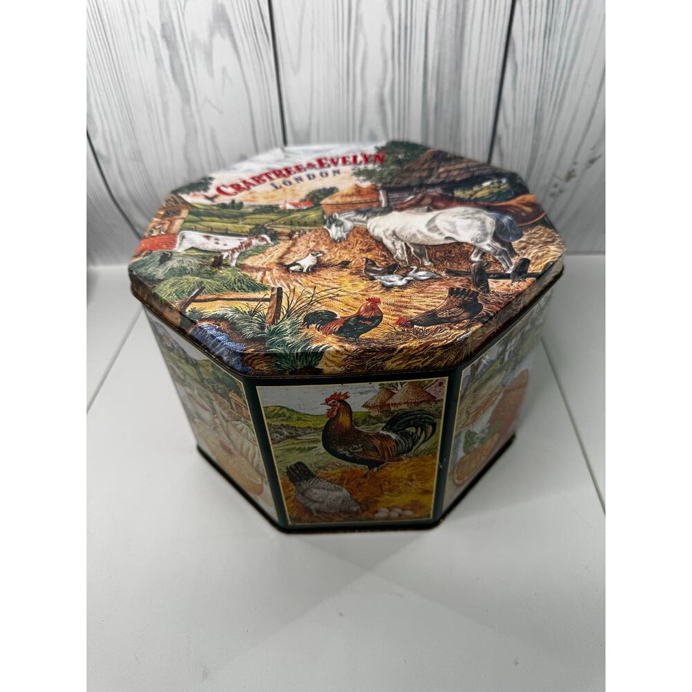 Vintage 1985 Crabtree and Evelyn Octagon Tin Farm Horse Chicken Tall Round - Picture 3 of 12